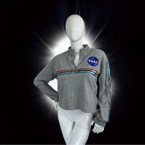 NASA metallic stripes embroidery logo cropped grey pull over light sweater XL - Picture 8 of 14